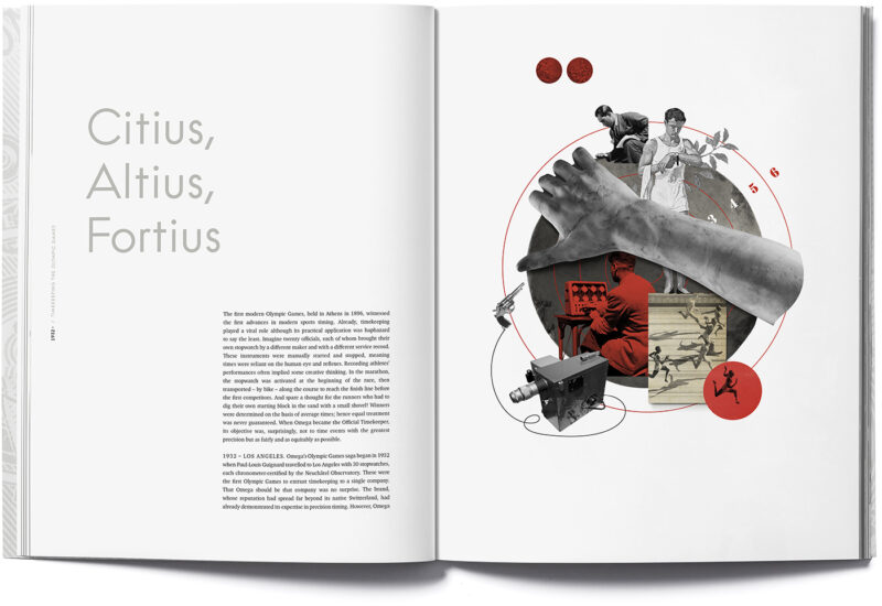 Omega Lifetime, magazine, catalogue, editorial, the museum edition, collage, illustration, Citius, Altius, Fortius, Olympic Games. Art direction, creative direction and graphic design by Anders Peter Mejer Design