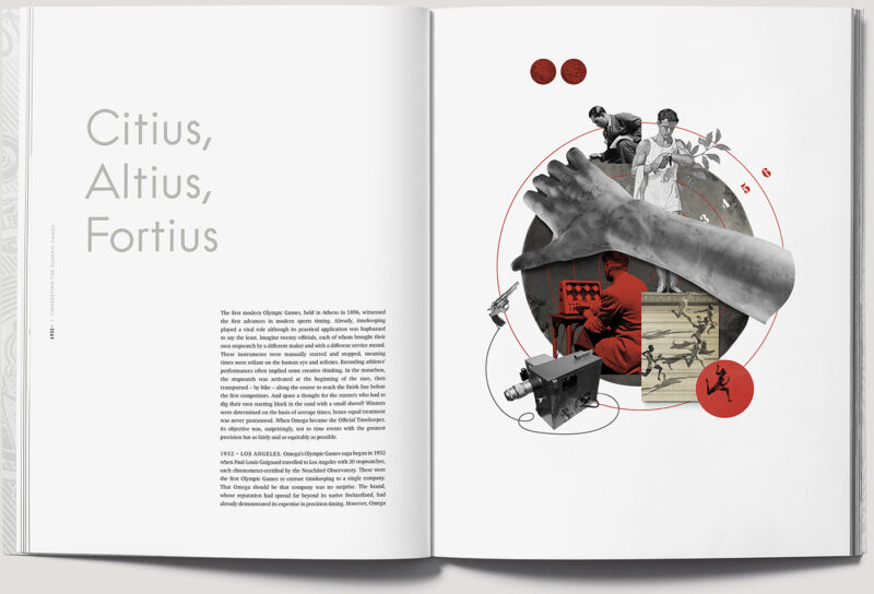 Omega Lifetime, magazine, catalogue, editorial, the museum edition, collage, illustration, Citius, Altius, Fortius, Olympic Games. Art direction, creative direction and graphic design by Anders Peter Mejer Design
