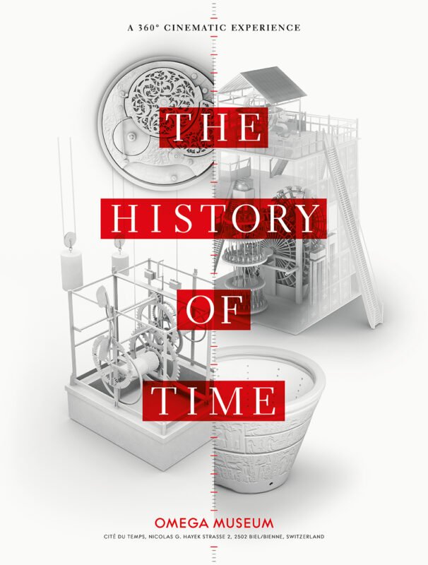 immersive design, experience design, the history of time, 360° cinematic experience, film poster, movie, Omega Museum. Creative direction, art direction and graphic design by Anders Peter Mejer Design